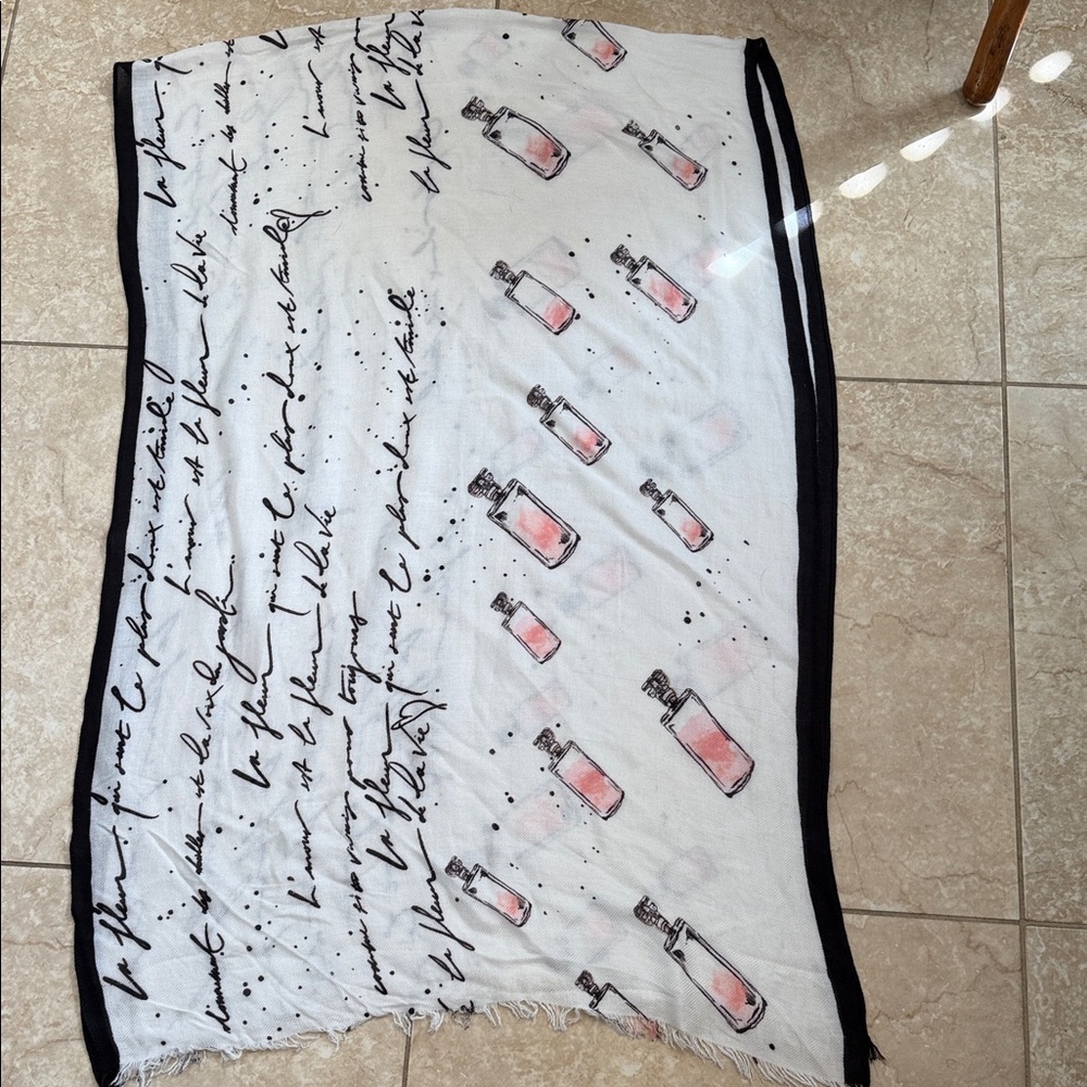 White and Black Scarf with Pink Perfume Bottle Print